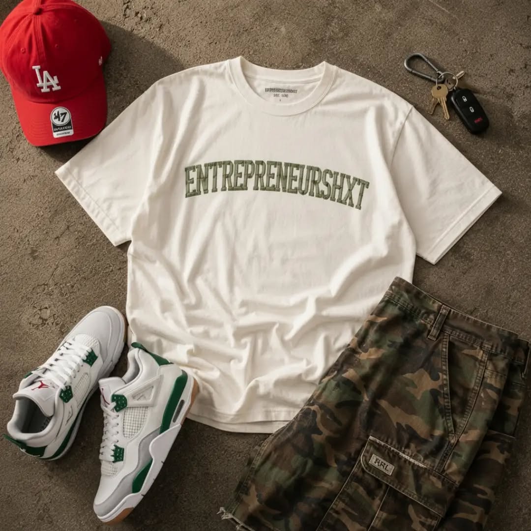 All Lights Green tee detail shot, tartan collegiate graphic print